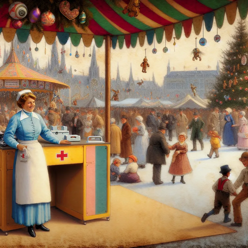 Een druk festival waar mensen genieten van activiteiten, met een EHBO-post onder een kleurrijke tent en een vriendelijke vrijwilliger in vintage-uniform.