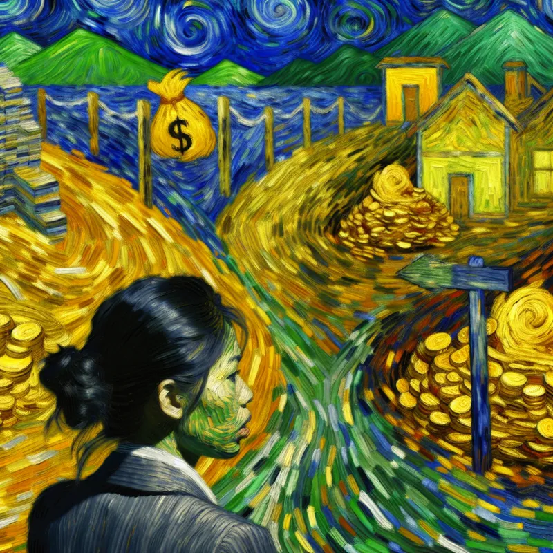 Persoon in pak bij kruispunt met symbolen voor persoonlijk gewin zoals goud, huis en prijs, in Van Gogh-stijl geschilderd