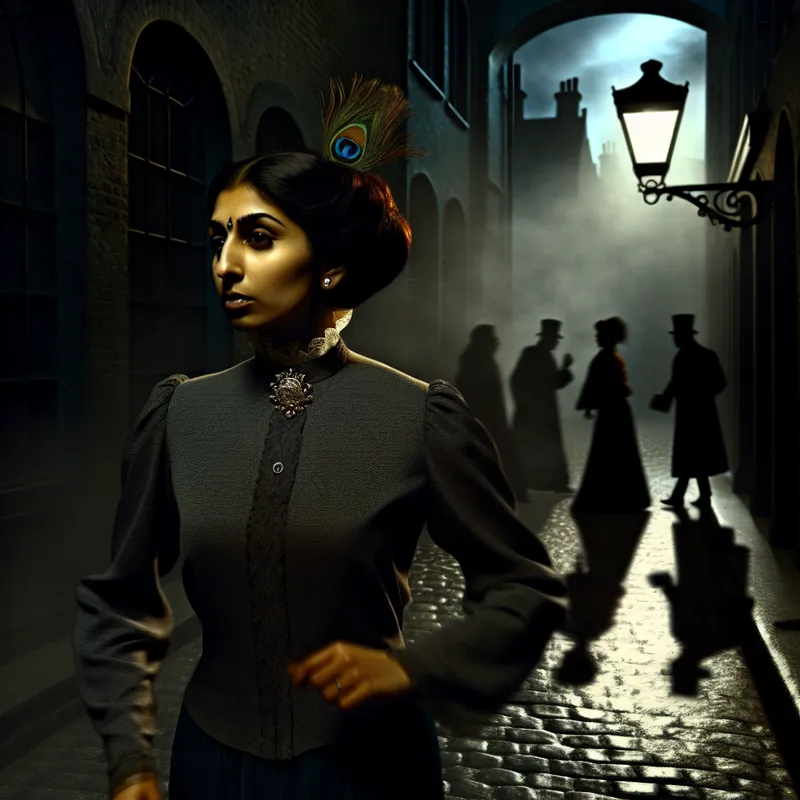 Zelfverzekerde vrouw met gevoel van eigenwaarde loopt door donkere, gotische straat met symbolische details zoals een pauwenveer en gebroken spiegel