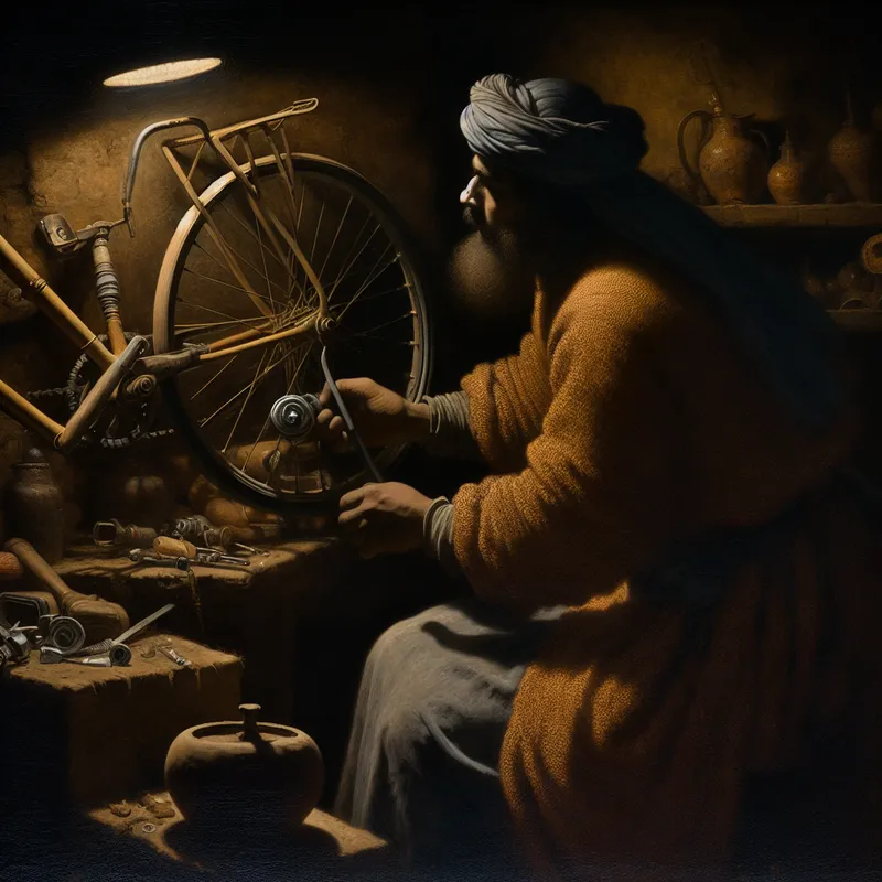 Persoon repareert fiets met zelfgemaakte gereedschappen in een sfeervol verlichte werkplaats in Rembrandt-stijl, eigenwerk benadrukkend