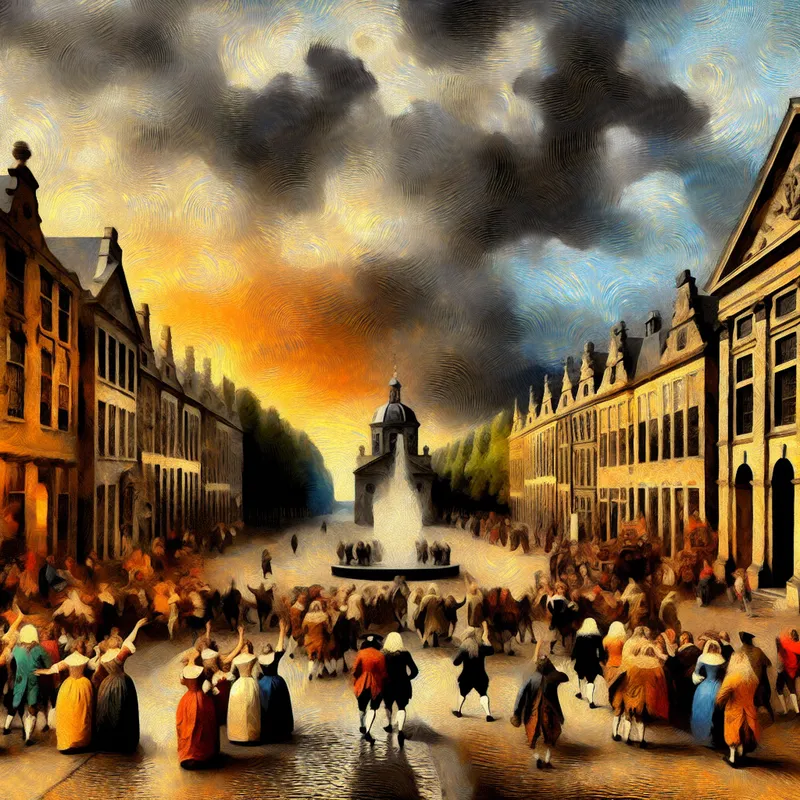 Een levendig straatbeeld aan het einde van de straat met mensen die afscheid nemen en een park met groen en bloemen benaderen.