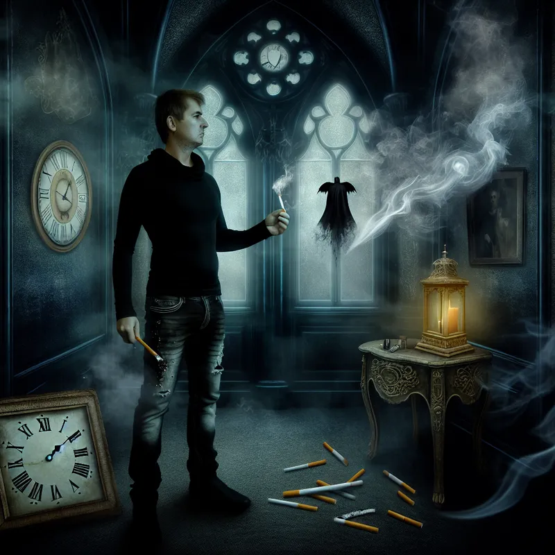 Gothische illustratie van een man die een gebroken sigaret vasthoudt, symboliserend het einde van een gewoonte, met een kalender van vorig jaar en een stilstaande klok