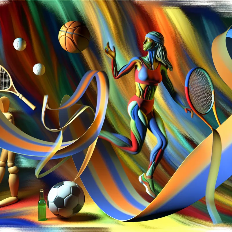 Een atletische figuur in dynamische pose met een grote rubberen band, omgeven door sportobjecten die de elasticiteit van materialen benadrukken.