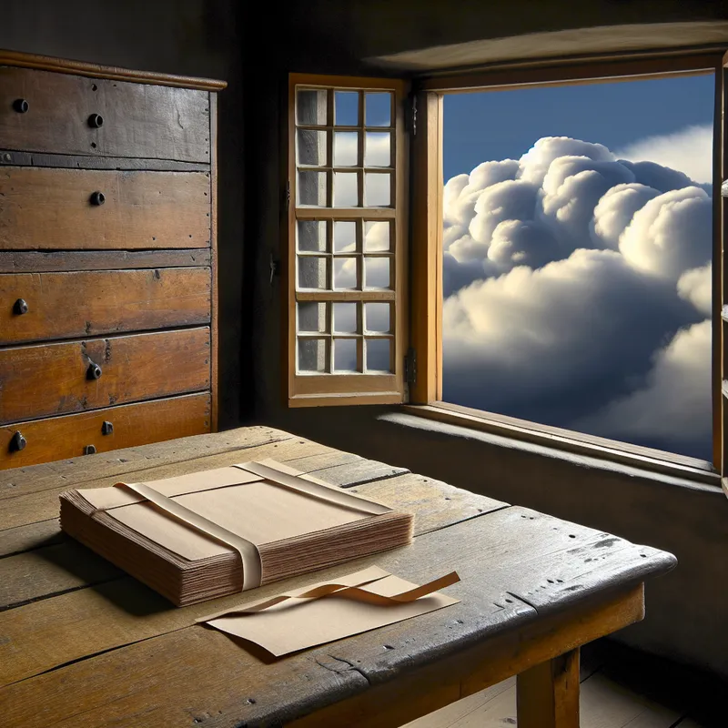 Houten tafel met stapel losse papieren bijeengehouden door een uitgerekt elastiek in een rustieke kamer met dramatische lucht