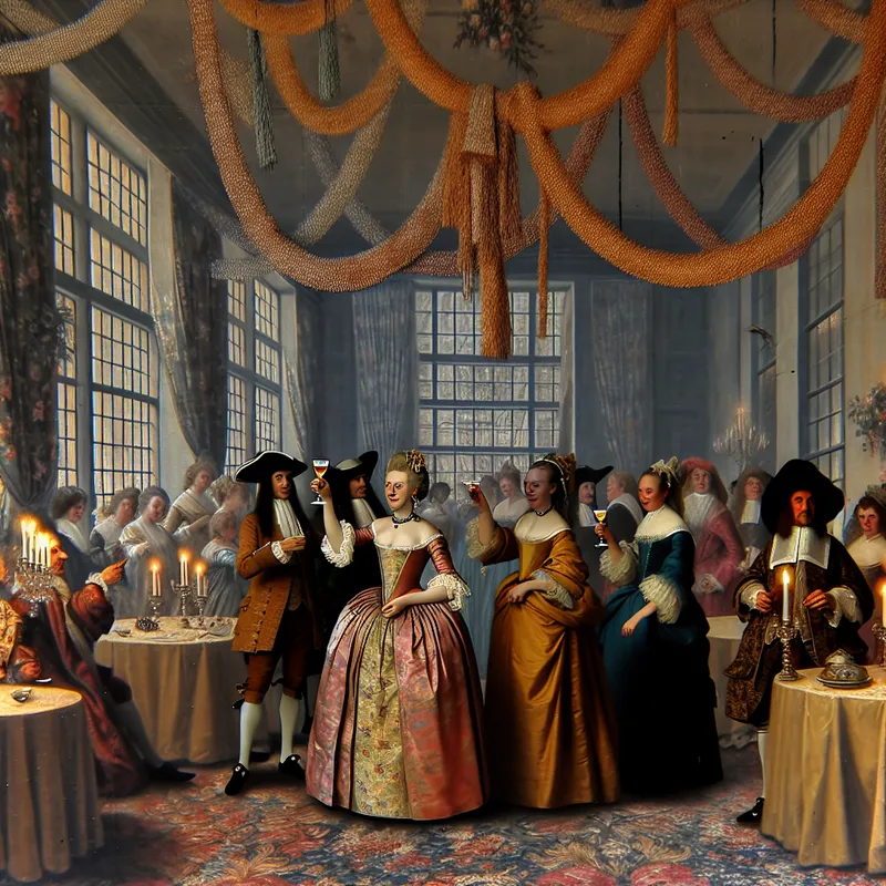 Een elegante binnenplaats met een diverse groep gasten die toosten tijdens een nieuwjaarsfeest, met feestdecoraties en een warme sfeer.