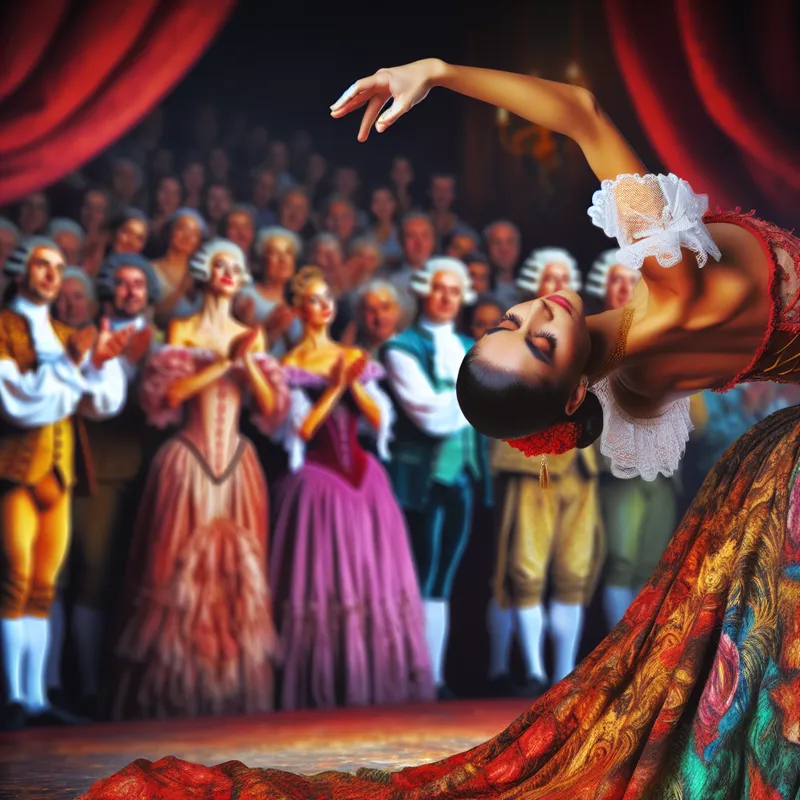 Een ballerina boog elegant naar voren na haar optreden, met het publiek op de achtergrond in een chique theater.