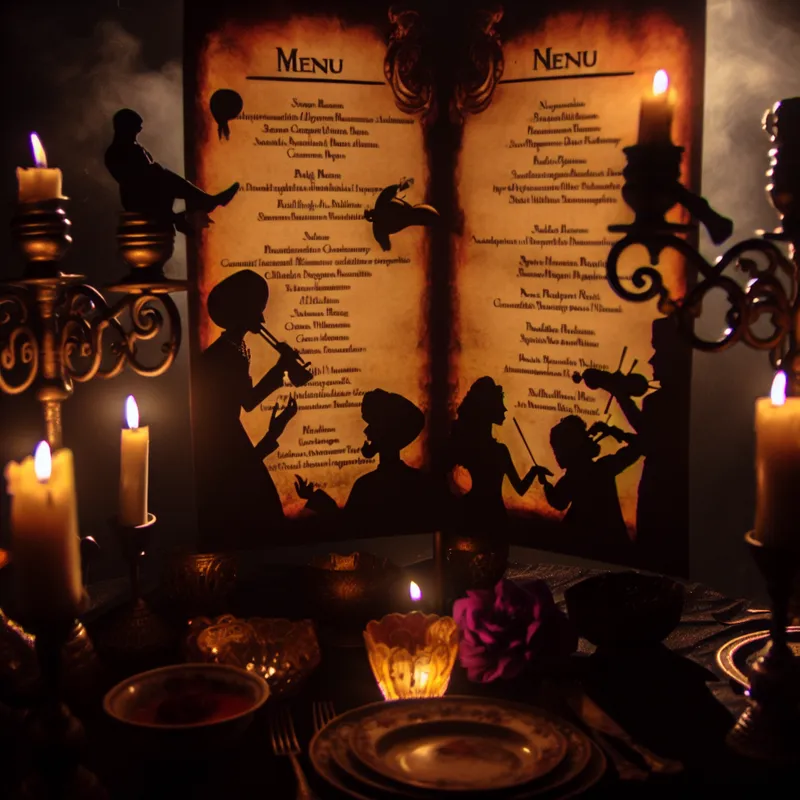 Een elegant gedekte tafel voor een diner met kaarslicht, met een menu kaart en schaduwachtige figuren op de achtergrond.