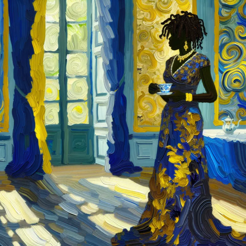 Elegante dame in 19e-eeuwse setting met theekopje, geschilderd in Van Gogh-stijl met levendige kleuren en dynamische penseelstreken