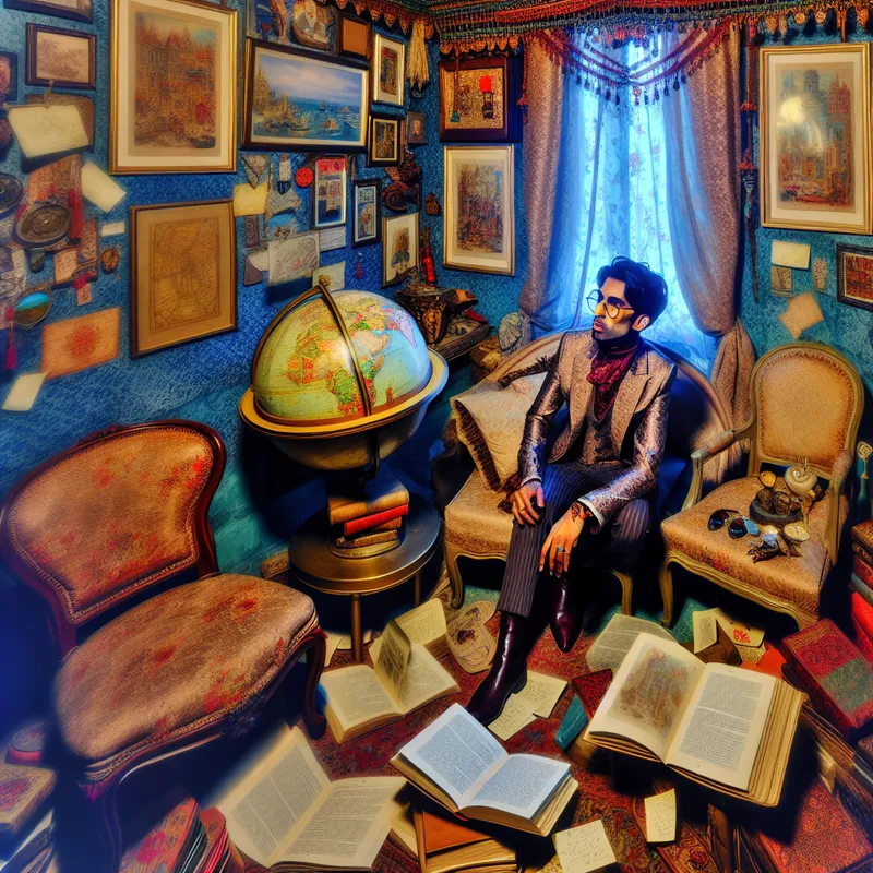 Een elegant geklede persoon in een prachtig ingericht vertrek, omringd door reis souvenirs en boeken.