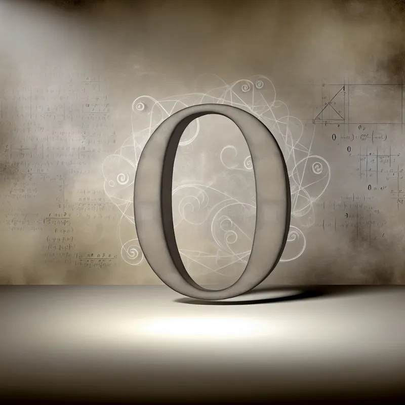 Een artistieke weergave van het getal '0' in een serene wiskundige omgeving, omringd door vloeiende wiskundige formules.