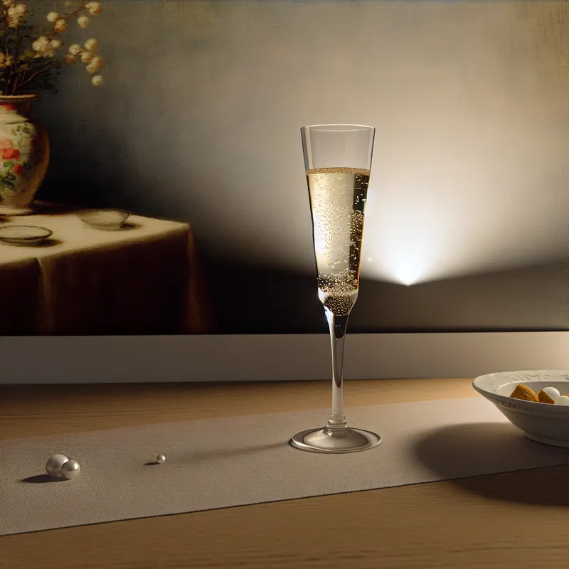 Een serene keuken tafelsetting met een glas champagne vol luchtbellen in zachte, diffuus licht.