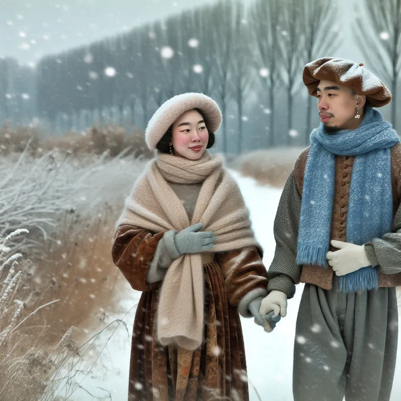 Een paar in warme kleding wandelt hand in hand door een besneeuwd landschap, terwijl sneeuwvlokken vallen.