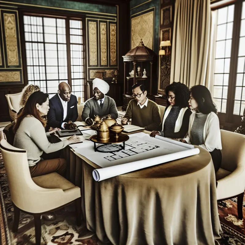 Groep mensen in een sfeervolle vergaderruimte die plannen bespreken, met blauwdrukken en documenten op een prachtig ontworpen tafel.