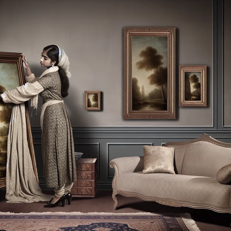 Een persoon plaatst zorgvuldig een prachtig schilderij op de muur in een elegante woonkamer met zachte kleuren.