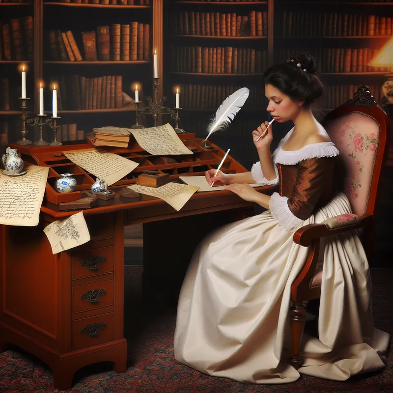 Een jonge vrouw in een elegant schrijversatelier, geconcentreerd aan een vintage bureau met een mooie schrift en een veerpen.