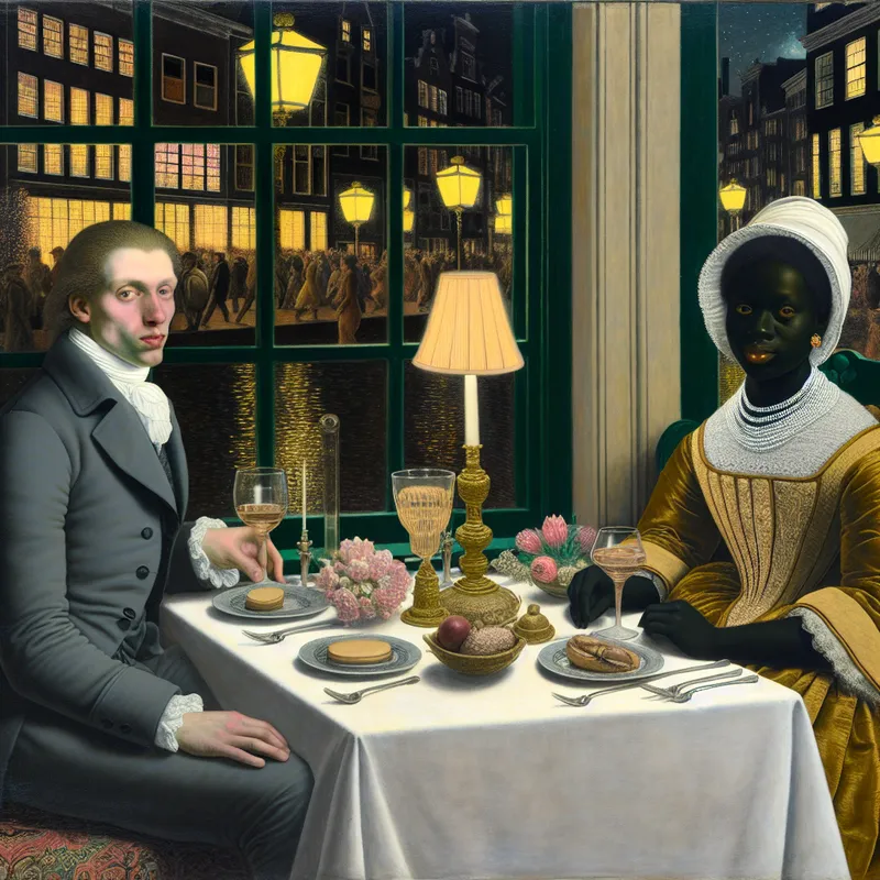 Een elegant gekleed paar geniet van een intiem diner in een sfeervol restaurant met kaarslicht.