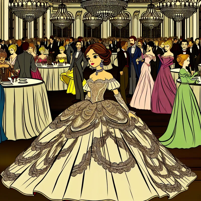 Een kleurrijke cartoonachtige weergave van een grand ballroom vol elegant geklede gasten en een opvallend personage in een indrukwekkende baljurk met lange sleep.