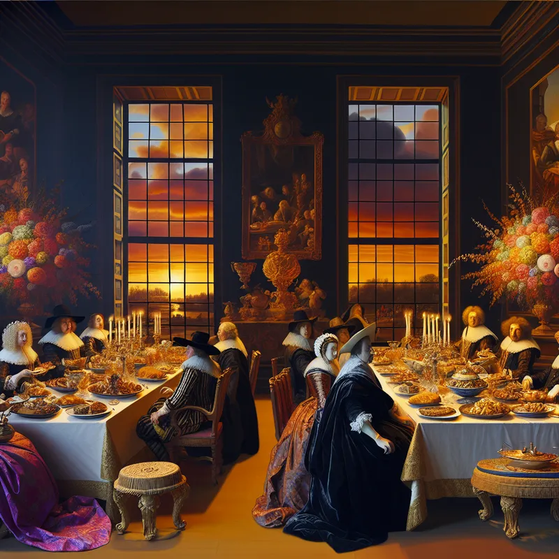 Een elegant gedekte bankettafel in een opulente kamer met feestelijke decoratie en een dramatische zonsondergang op de achtergrond.