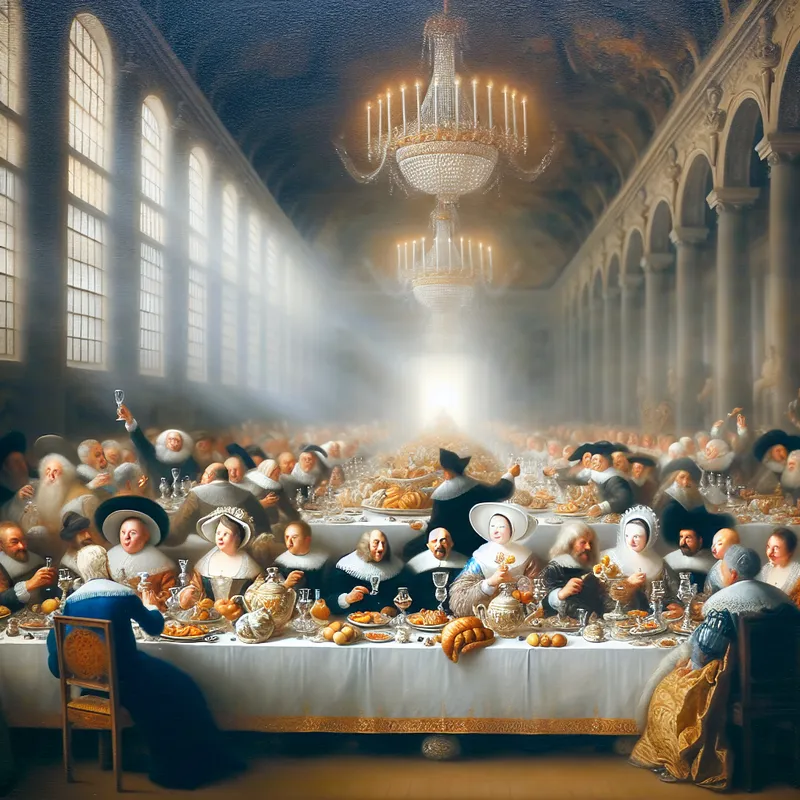 Elegante banketzaal met gasten die toosten op een bruidspaar, rijkelijk gedekte tafel met gourmetgerechten en kristallen glazen