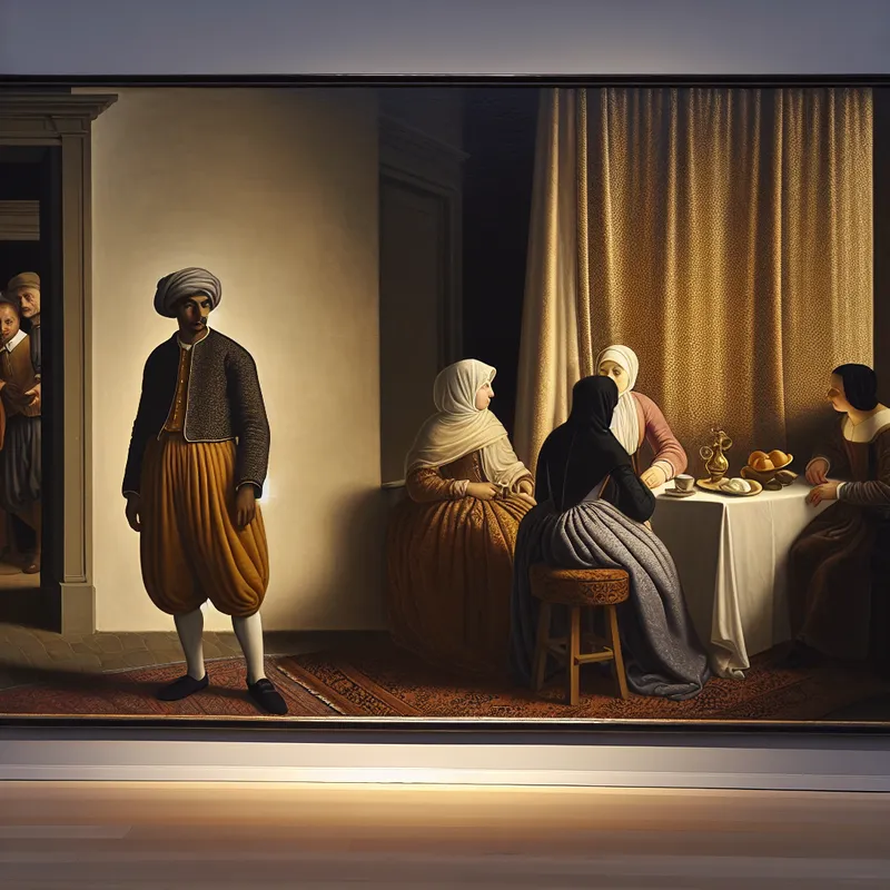 Een jonge man staat in de deuropening van een elegant interieur, kijkt verontschuldigend naar een groep mensen die met elkaar praten.