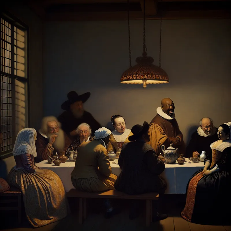 Een serene bijeenkomst in een mooi verlicht Nederlands interieur met elegant geklede mensen die aan tafel zitten; één figuur fluistert een ongepaste grap, wat verbazing en ongemak veroorzaakt bij de anderen.