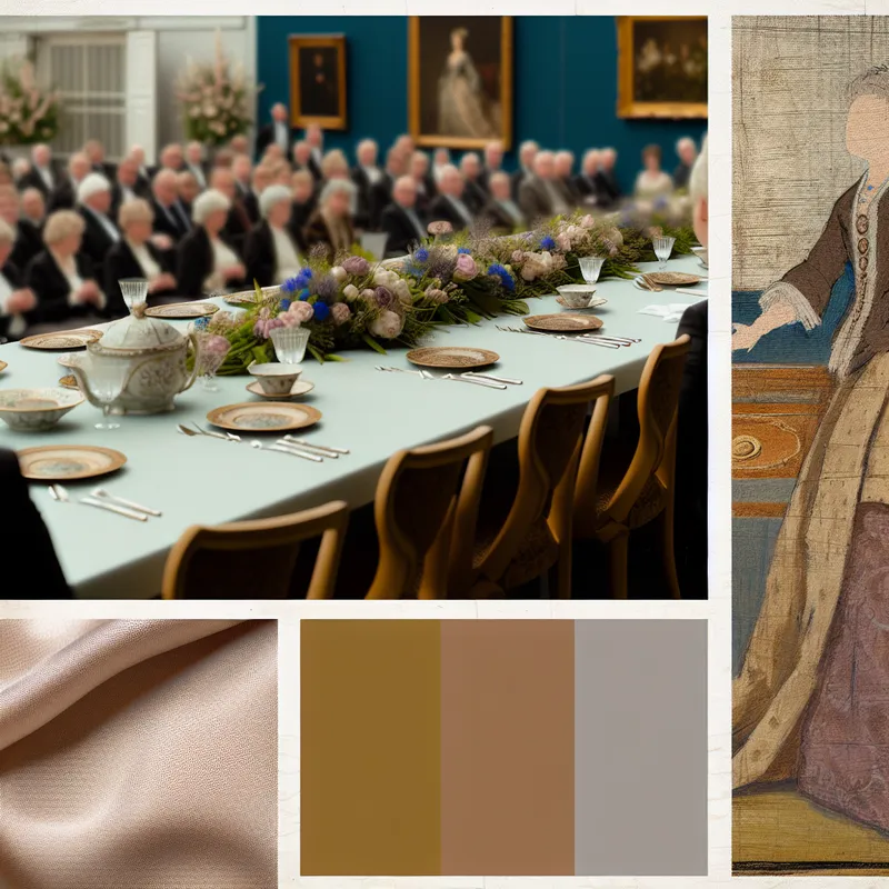 Een verfijnde ceremoniele opstelling met delicate stoffen en gedempte kleuren, met een mooi gedekte tafel en een spreker op een podium, terwijl een luisterend publiek uitlegt dat het een proloog is voorafgaand aan een evenement.