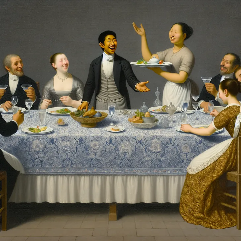 Een elegante dinérscène in een luxe restaurant met tevreden gasten die hun maaltijd genieten