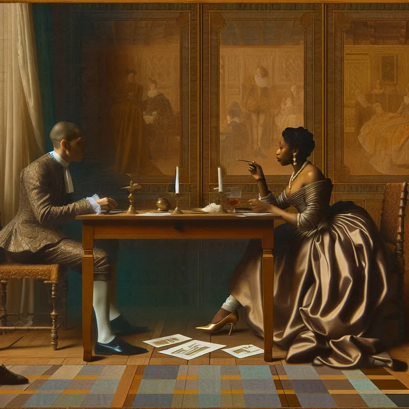 Twee goed geklede mensen in een elegante ruimte diep in gesprek over een project, omringd door gedetailleerd meubilair en zachte kleuren.