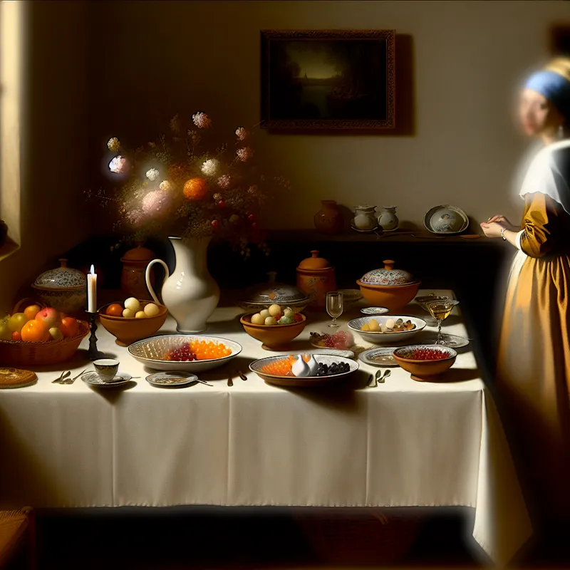 Elegante eetzaal met een prachtig gedekte tafel en een persoon die het menu aanpast.