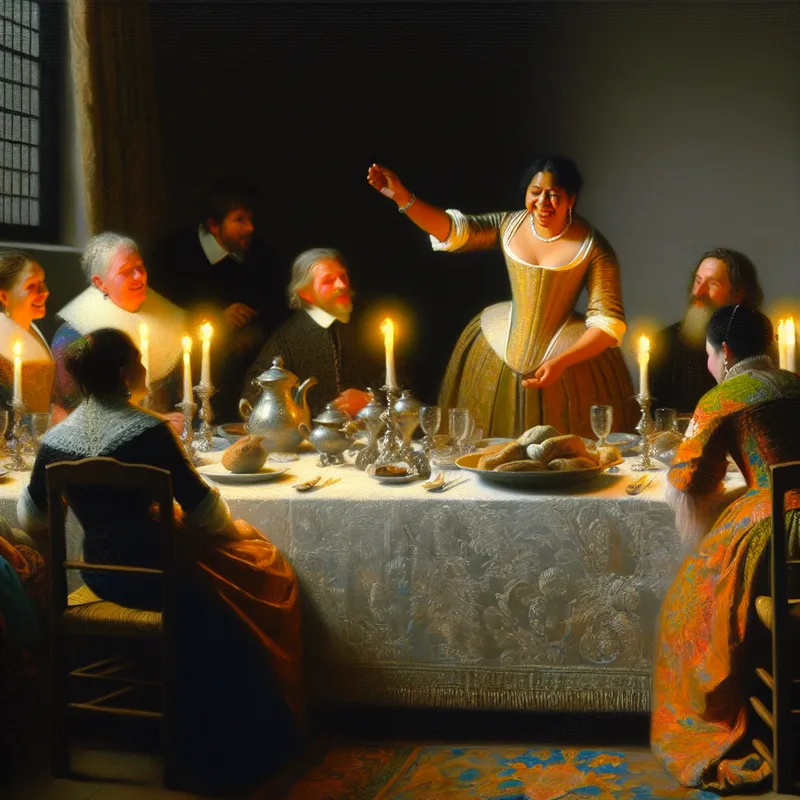 Eetkamer verlicht door kaarslicht met gasten aan een sierlijk gedekte tafel en gastheer die dankjewel zegt