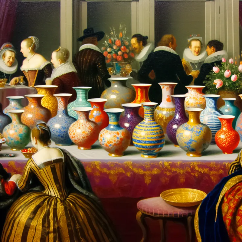 Een elegante interieur scene tijdens een levendig feest met kleurrijke bongs op tafel