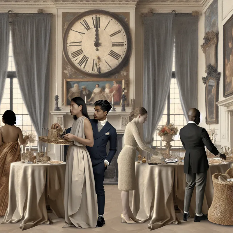 Elegante mensen voorbereiden voor een feest in een sfeervol verlichte kamer, geïnspireerd door Gerard ter Borch