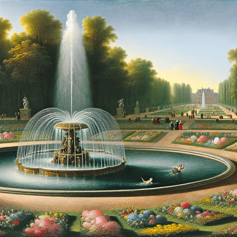 Een prachtige fontein in een park met een hoge straal helder water, omringd door bloemenbedden en groene planten.