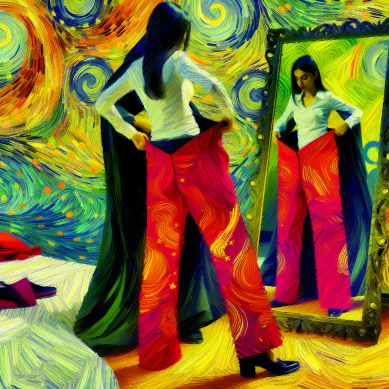 Een vrouw staat voor een spiegel terwijl ze een elegante, feestelijke broek aanpast voor een speciale gelegenheid.