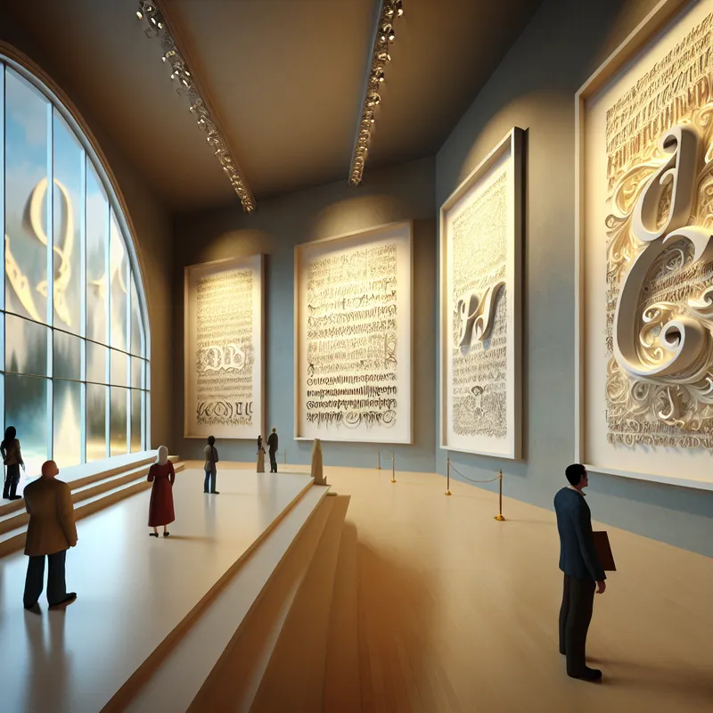 Hyper-realistisch kunstwerk van een elegante galerie met letterkunst en typografie, omgeven door een droomachtig landschap.