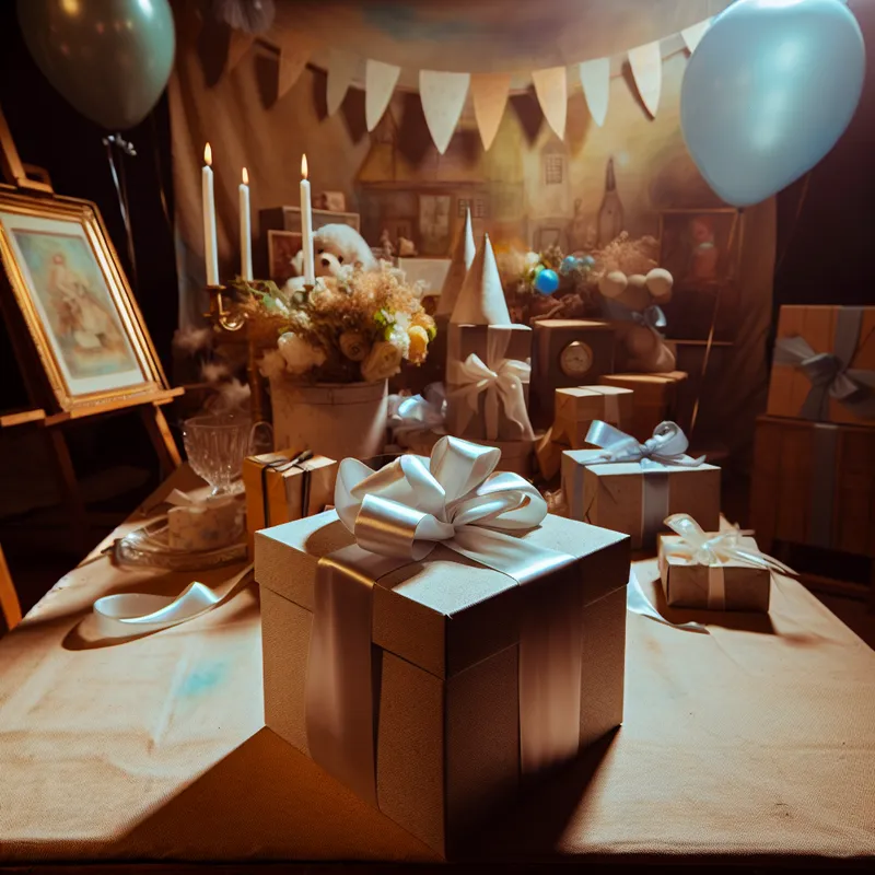 Een elegant cadeau op een tafel, omringd door prachtig ingepakte geschenken en feestelijke decoraties.