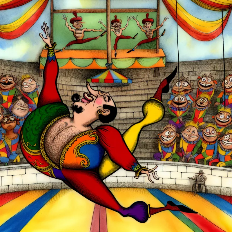 Een kleurrijke cartoonafbeelding van een elegante gymnaste die een sprongetje maakt in een vrolijke gymzaal met juichende publieksfiguren op de achtergrond.