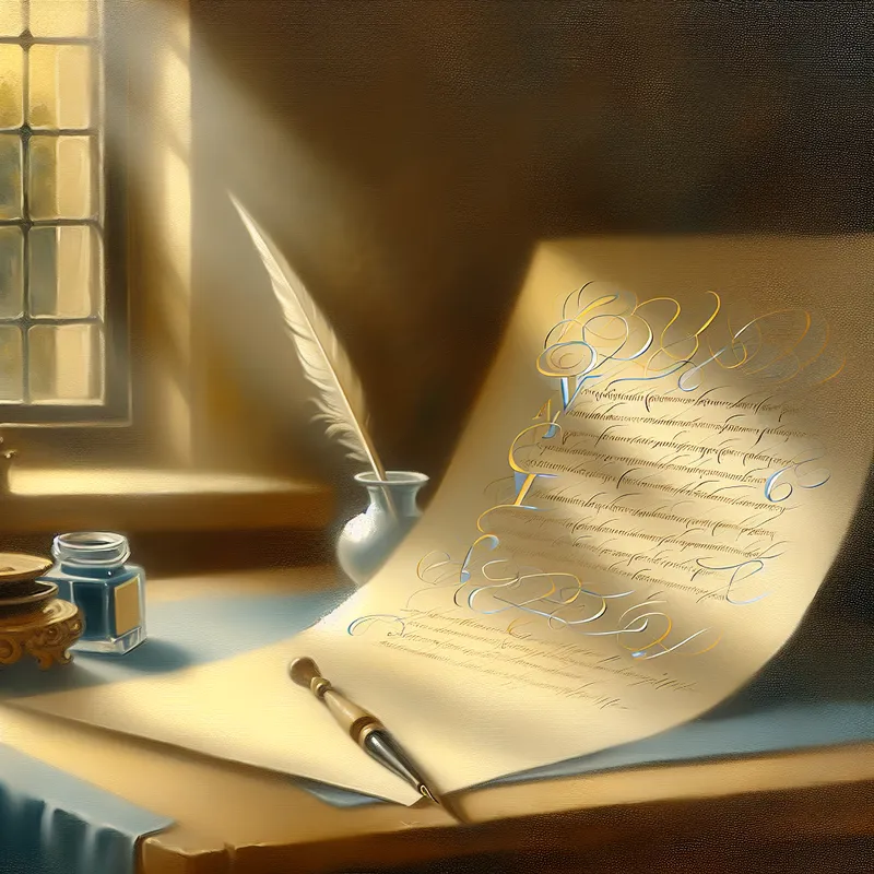 Close-up van een prachtig handgeschreven brief op een houten tafel, met een inktpot en veerpen ernaast