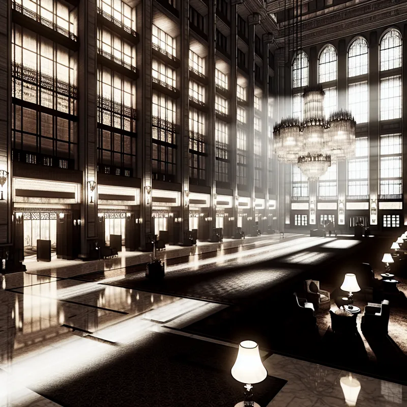 Elegante hotel foyer met hoge ramen, zachte verlichting en een luxe uitstraling.