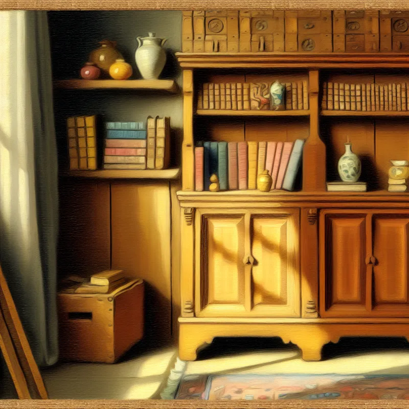 Een elegant houten kastje met boeken en decoratieve items in een gezellige woonkamer.