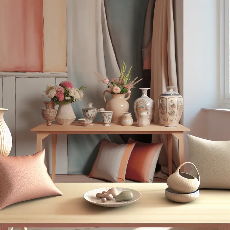 Een mooi georganiseerde weergave van frisse, onlangs ontworpen huisaccessoires in een elegante kamer.