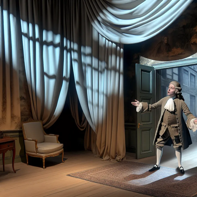 Een goed geklede man met een urgente gebaart naar een open deur in een elegante kamer.