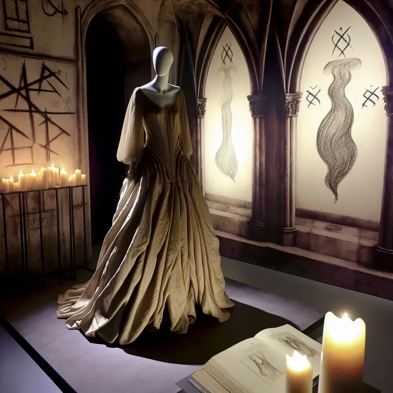 Een elegant gevormde jurk op een mannequin in een sfeervolle, zwak verlichte kamer, omringd door gotische elementen.