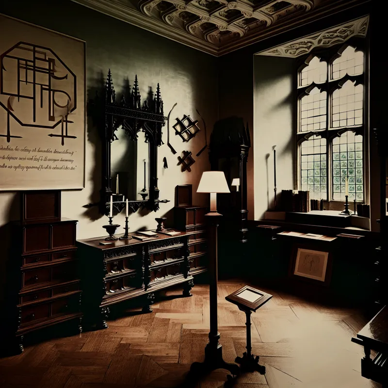 Een elegant ingerichte kamer met donker houten meubels, verlicht door een raam met zacht licht, inclusief een gotische spiegel en symbolische kunst.