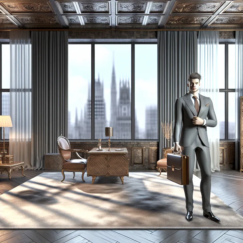 Een man in een elegant pak staat voor een groot raam in een kantoor, met uitzicht op de skyline van de stad.