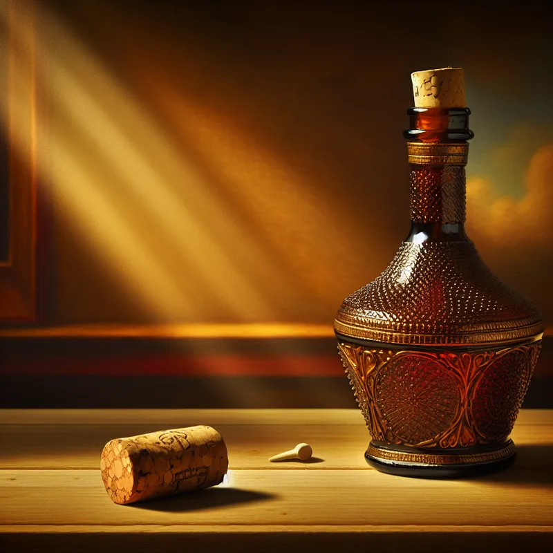 Een nog leven compositie met een kurk en een elegant ontworpen fles op een houten tafel, met een kleurrijke vloeistof en een gedeeltelijk vervaagd landschap op de achtergrond.