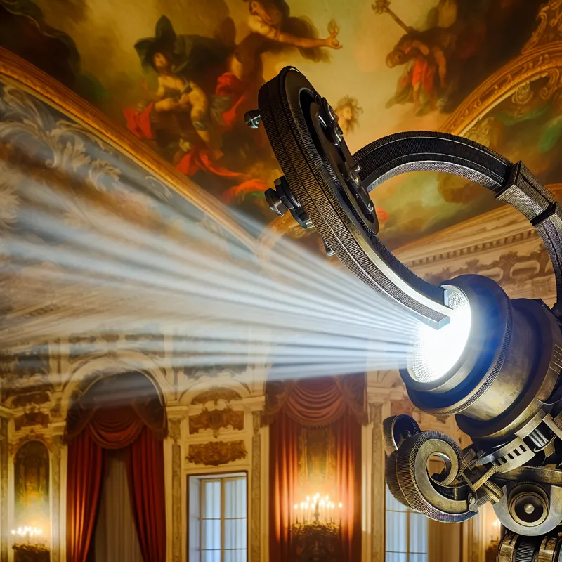 Close-up van een prachtig ontworpen lamp met een elegant verlengde arm in een grandioze interieurruimte.