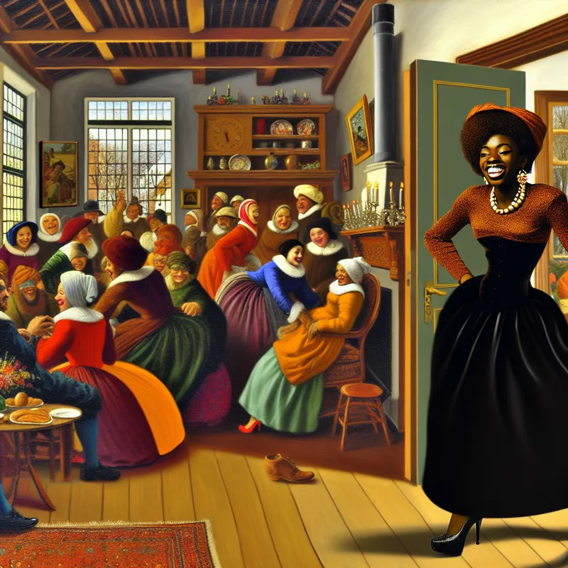 Vrolijke bijeenkomst met een persoon in elegante kleding die gasten verwelkomt in een warme woonkamer vol lachende familie en vrienden.