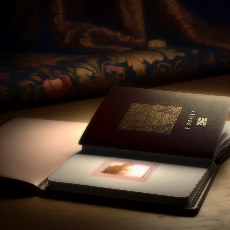 Een elegant, open paspoort met een delicate visumstempel op een houten tafel