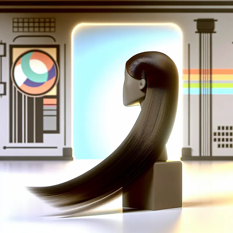 Een elegante persoon met lang, sluik haar dat vrij over de schouders valt in een retro-futuristische setting.